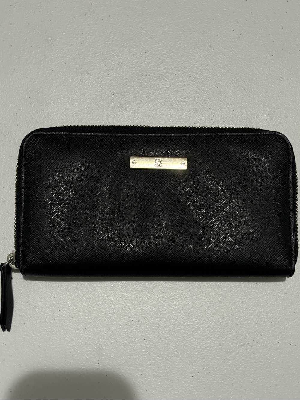 New York & Company Black Zip Around Wallet with Gold Plate